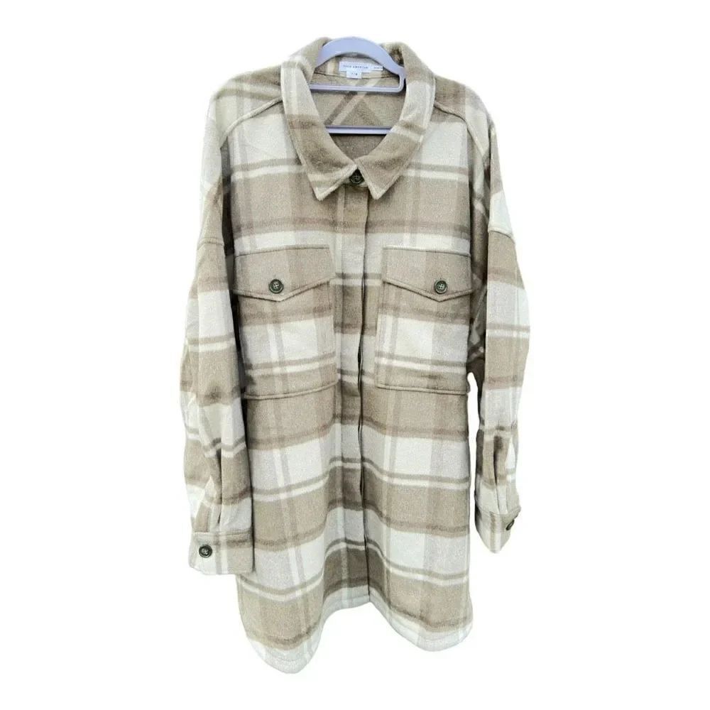 NWT Good American oversized button down wool plaid shacket olive size 7/8 or 4x
